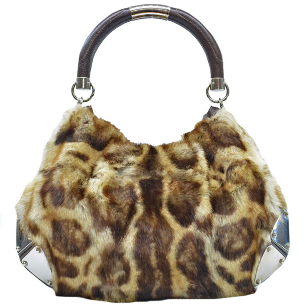 Gucci Bamboo Shoulder Bag Brown Silver Fur Leather Metallic - Picture 3 of 3